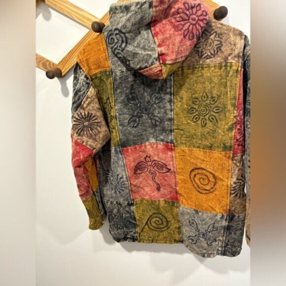 Hippie Boho Vintage Retro Cotton Symbols Fleece Lined Jacket Festival Nepalese - Picture 2 of 11